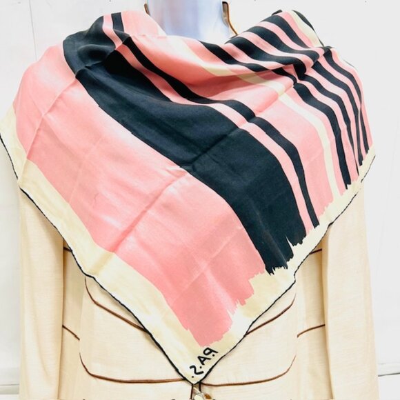 (2) Vintage P..A.S. 100% silk Scarf 30x30" pink black blue green stripe (17) - Picture 1 of 9